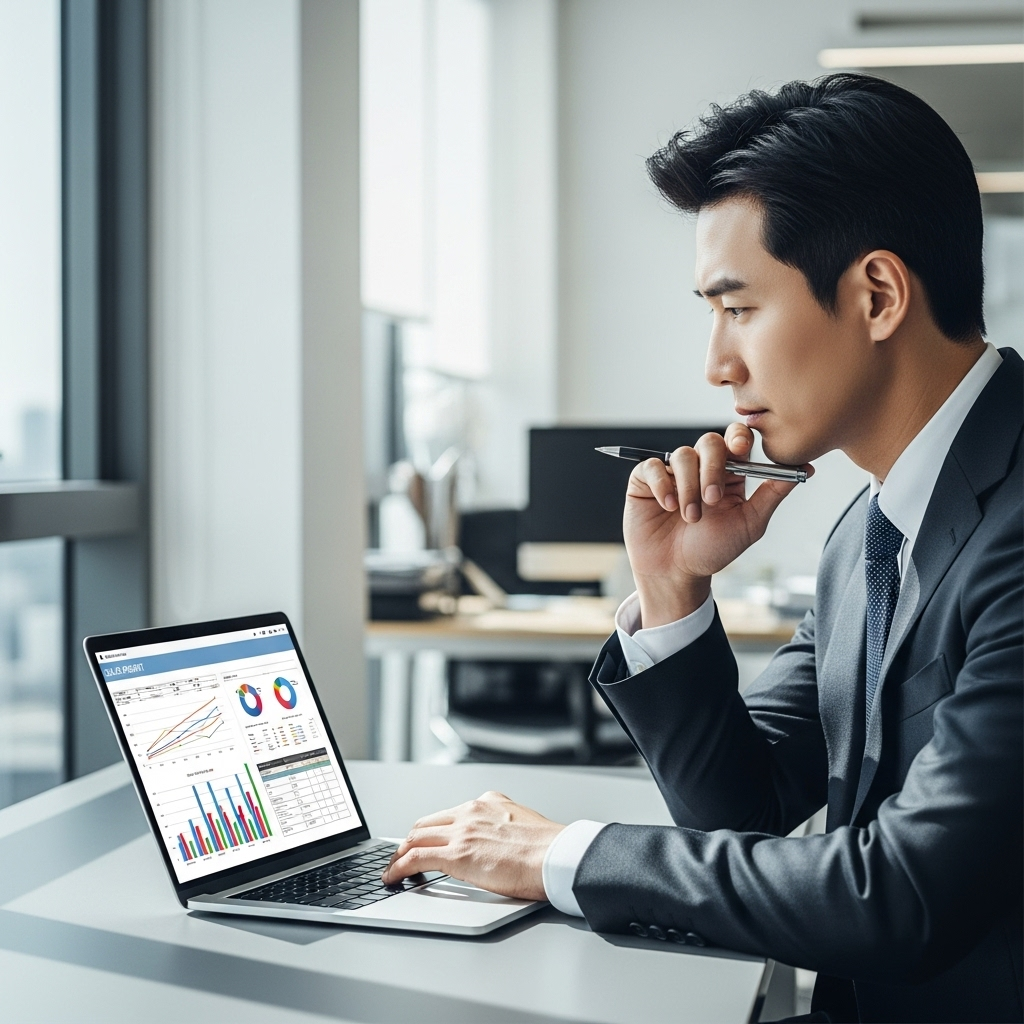A Korean businessman in a modern office, thoughtfully analyzing a sales report on his laptop. The screen shows charts and graphs. The atmosphere is focused and professional, with natural light. Style: lifestyle photography. No text in image.