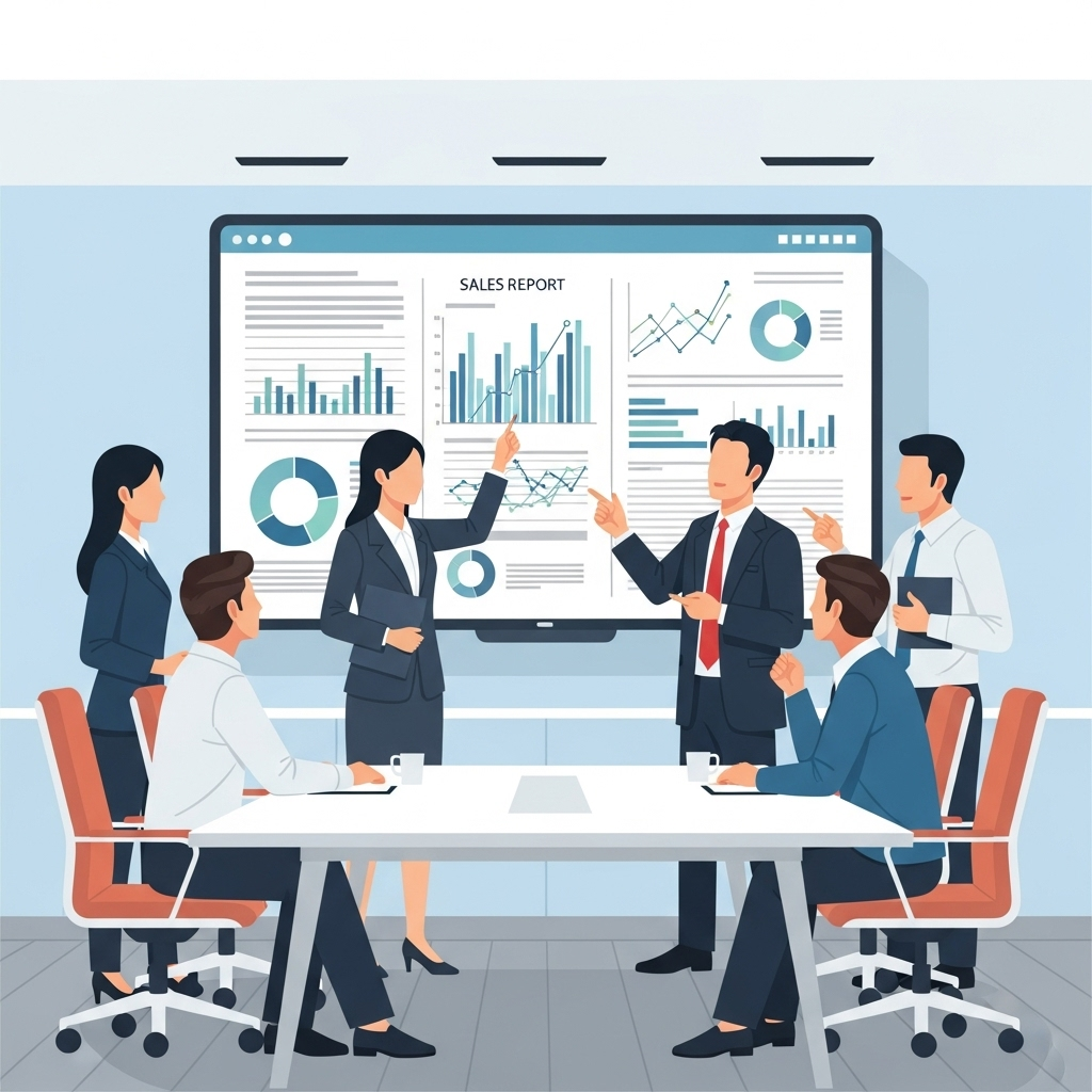 A diverse Korean sales team in a modern meeting room, actively discussing insights from a sales report projected on a screen. They are pointing at charts and graphs, engaged in strategic planning. Style: professional infographic. No text in image.