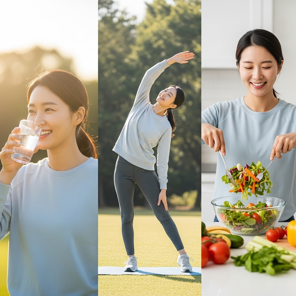 A cheerful lifestyle photograph showing a Korean person engaging in various healthy activities: drinking water, light exercise outdoors, and preparing a fresh salad. Bright, natural light and a positive atmosphere. No text.