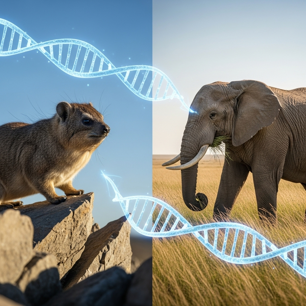 A split-screen comparison illustration showing a small rock hyrax on rocky terrain and a large elephant in grassland, with glowing DNA strands connecting them. Realistic, detailed, natural lighting, scientific yet engaging style. No text.