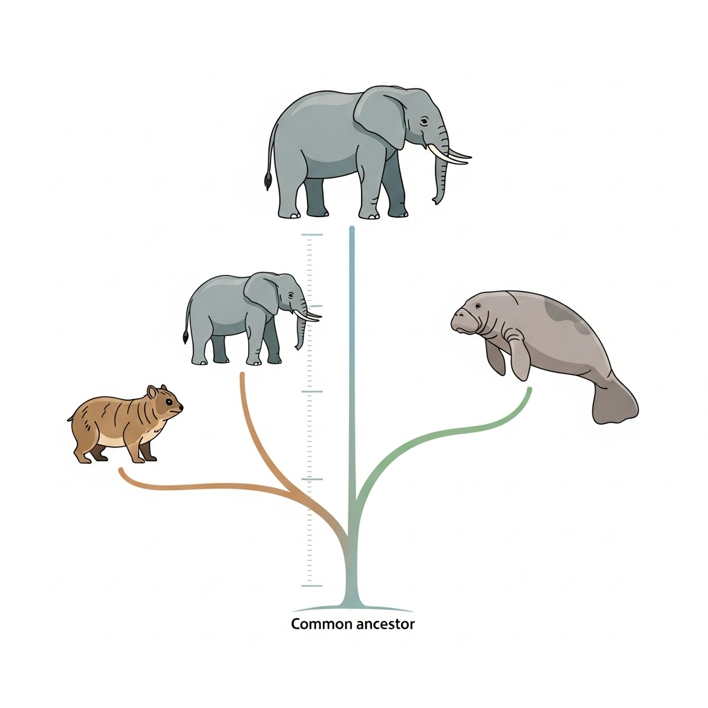An infographic-style illustration showing evolutionary tree with rock hyrax, elephant, and sea cow branching from common ancestor. Clean, scientific design with clear connections and timeline. Soft colors, educational style. No text.