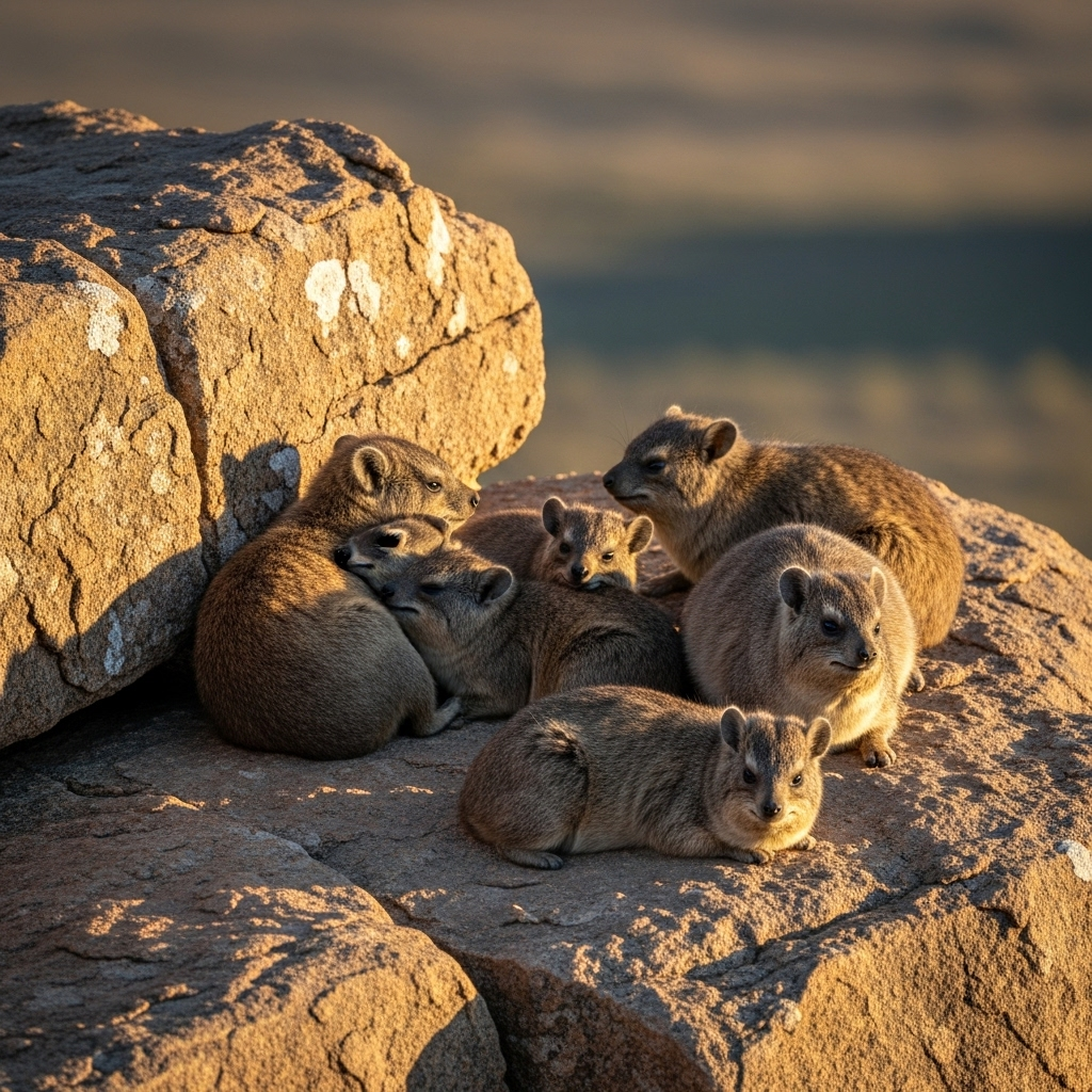 A group of rock hyraxes on rocky terrain, basking in sunlight, showing social behavior and family bonding. Realistic wildlife photography style with natural rock formations and warm lighting. No text.