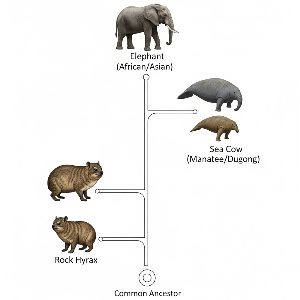 An evolutionary timeline illustration showing the divergence of rock hyrax, elephant, and sea cow from a common ancestor over millions of years. Scientific, clean design with clear labels and branching points. Educational style. No text.