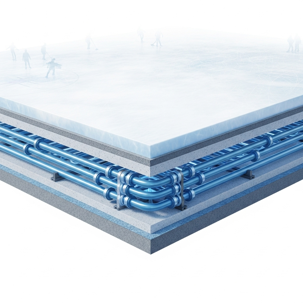 A clean infographic illustrating the concept of an ice rink staying frozen indoors. Show a cross-section of the ice and cooling pipes underneath, with a subtle indication of people skating above. Use cool blue and white tones. No text.