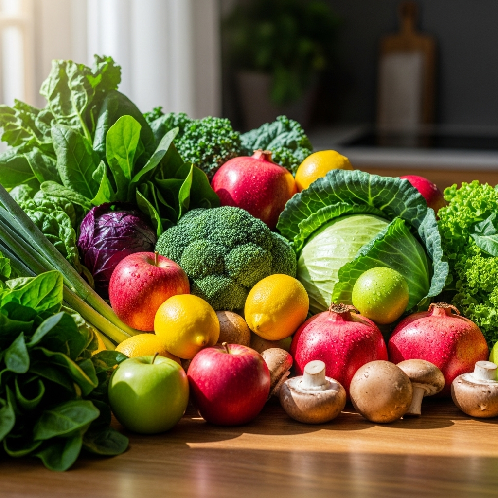 A vibrant and colorful array of fresh vegetables and fruits arranged on a wooden table, including leafy greens, apples, broccoli, and cabbage. Natural sunlight streaming in, emphasizing freshness and health. Lifestyle photography style. No text.