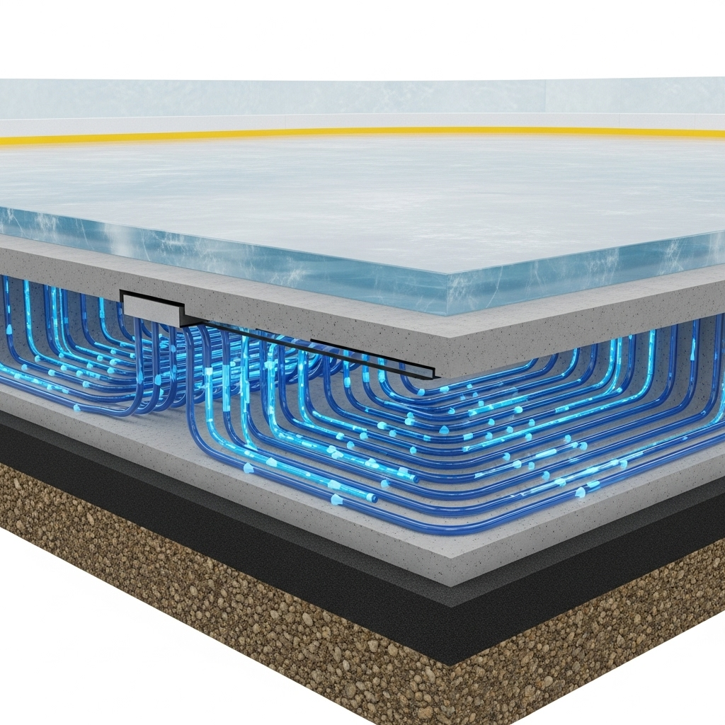 A detailed cutaway illustration of an ice rink floor, showing a network of cooling pipes (coils) embedded in the concrete layer beneath a thick sheet of ice. Show blue liquid flowing through the pipes. Clean infographic style. No text.