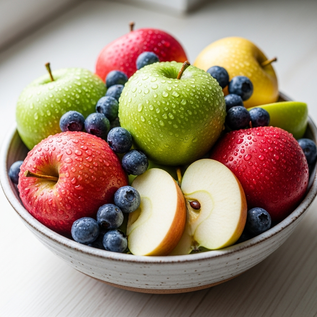 A ceramic bowl filled with fresh, glistening apples and blueberries on a bright kitchen counter. Close-up shot emphasizing the natural colors and textures. Soft natural light. No text.