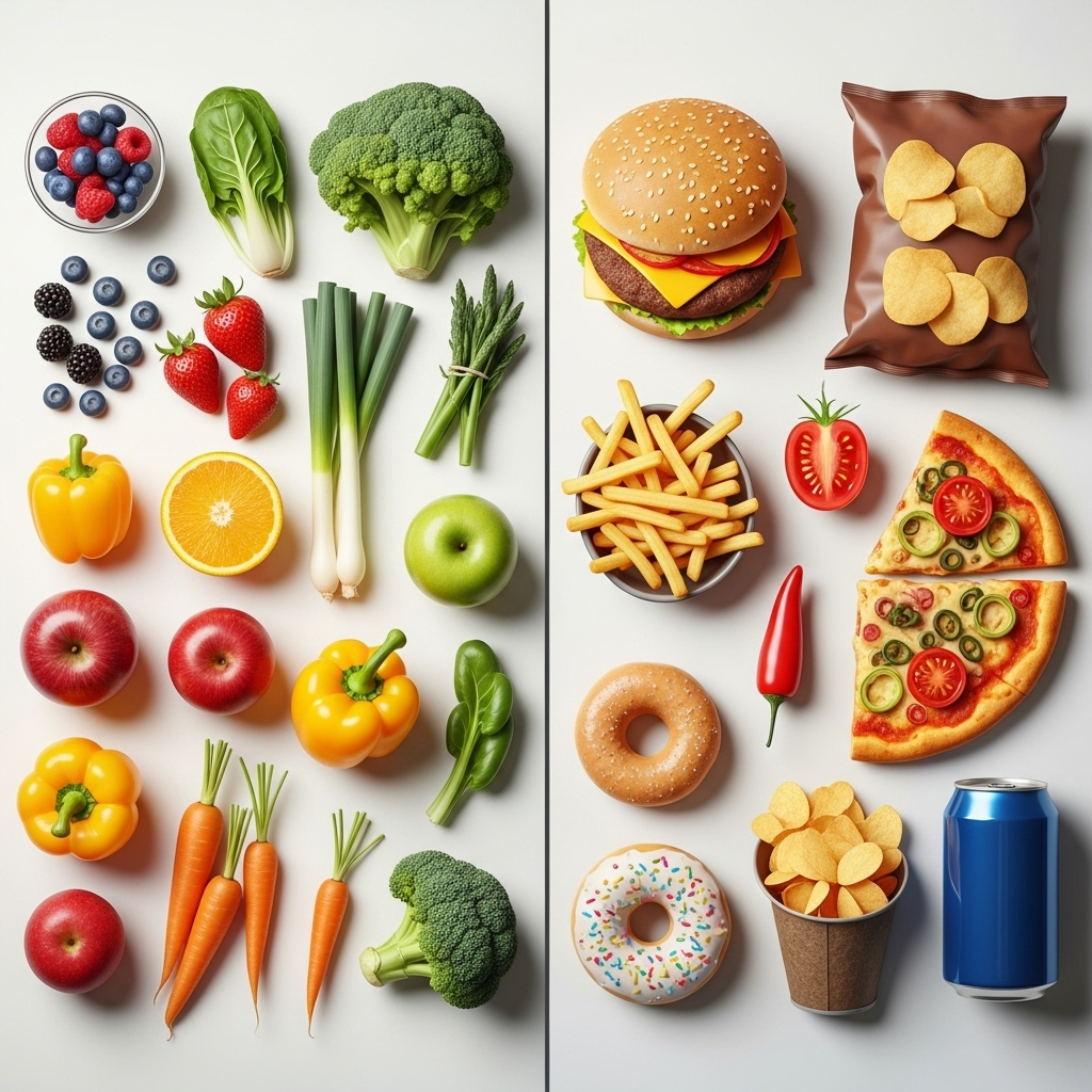 A split-screen lifestyle image showing healthy fresh vegetables and fruits on one side, and processed/fatty foods on the other side. Clean, educational infographic style. Natural lighting. No text.