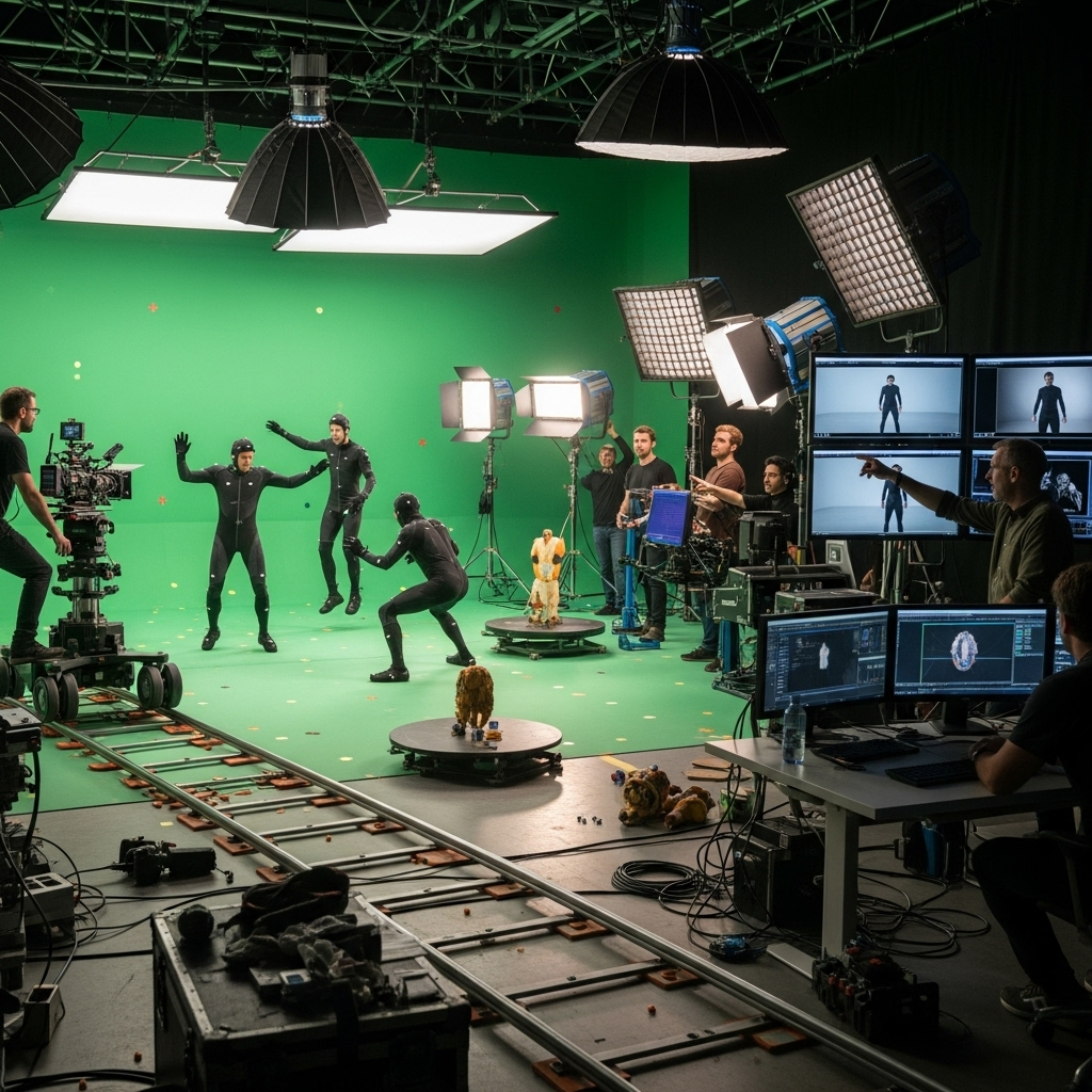 Behind-the-scenes of a movie set with special effects production, showing actors in front of green screens, motion capture suits, lighting rigs, and visual effects equipment. Professional cinematography setup with crew members working on CGI and practical effects. Modern film production environment with high-tech cameras and monitors. Clean, realistic, no text.