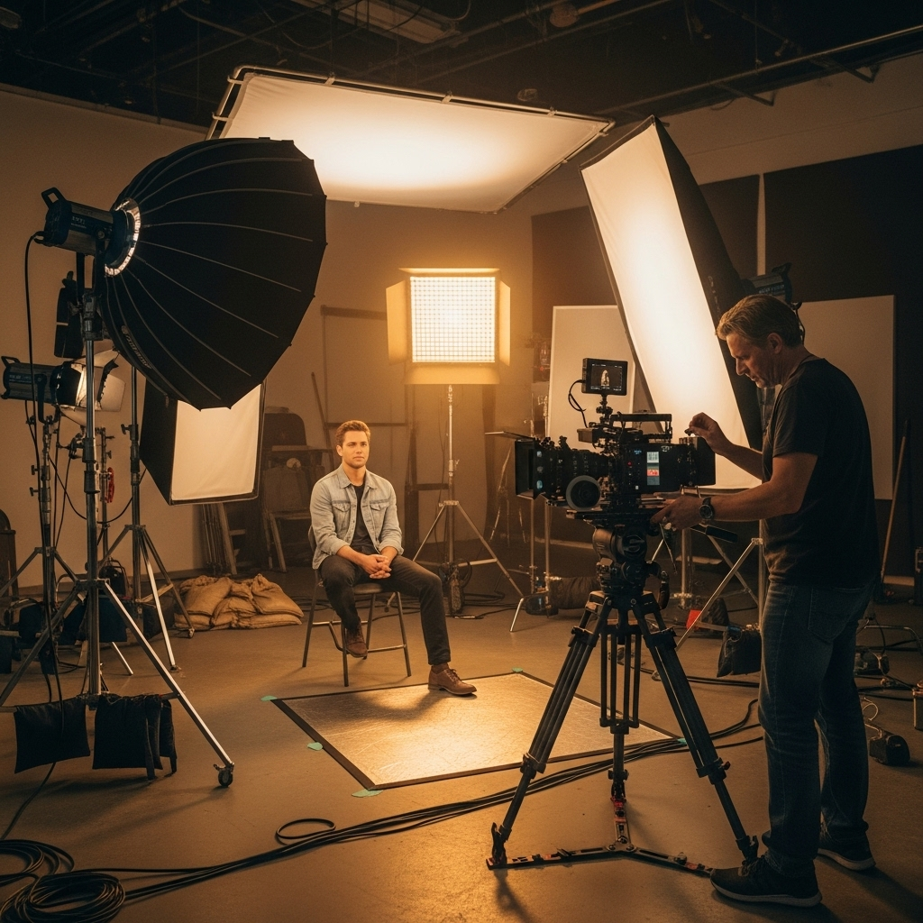 Professional film lighting setup on a movie set, with large softboxes, LED panels, and reflectors positioned around an actor. Cinematographer adjusting camera settings, showing depth of field and focus techniques. Modern cinema camera with lens and follow focus system. Realistic photography, warm studio lighting, no text.
