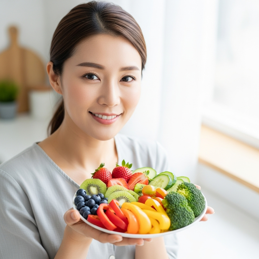 A content Korean woman smiling, holding a small plate of colorful fruits and vegetables, looking satisfied. The setting is bright and clean, emphasizing healthy eating. Lifestyle photography, natural lighting. No text.