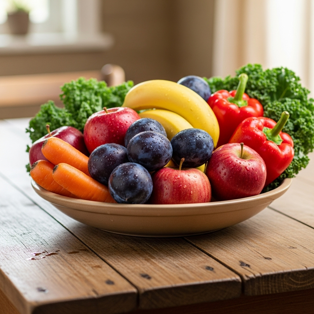 A vibrant bowl filled with fresh, colorful fruits and vegetables, prominently featuring ripe plums. The setting is a rustic wooden table under natural light, conveying a healthy and wholesome atmosphere. Lifestyle photography. No text.