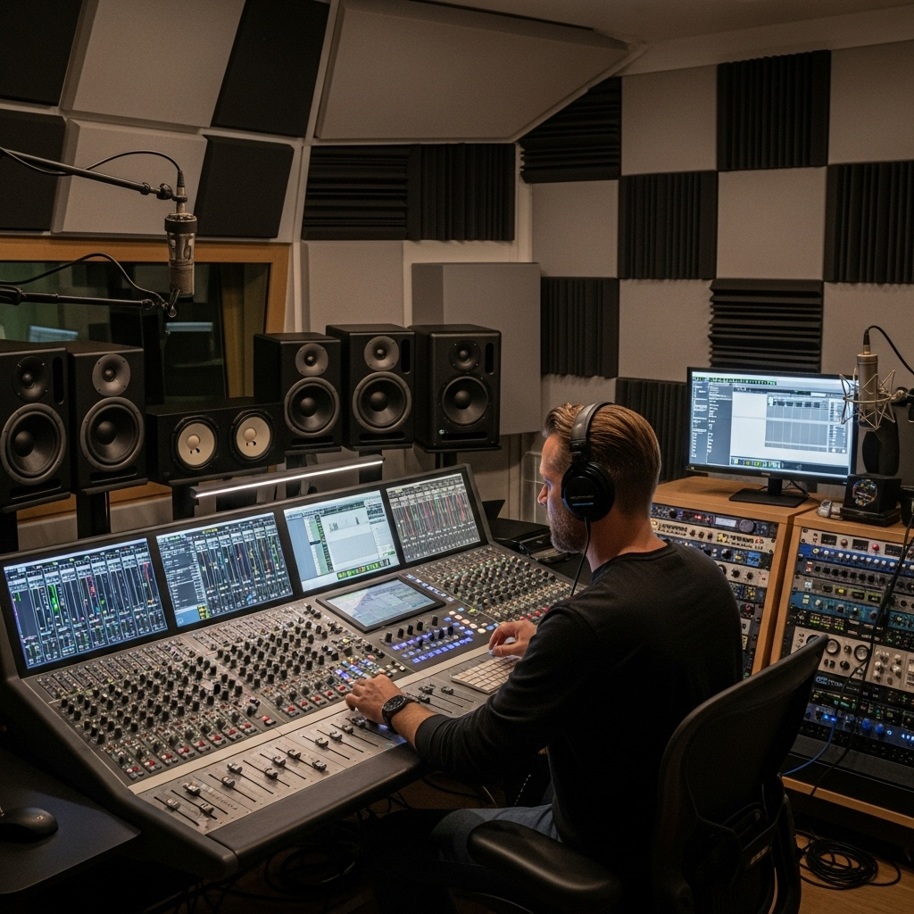 Professional sound design studio with acoustic panels, mixing console, and audio engineering equipment. Sound designer wearing headphones, adjusting audio levels and effects. Multiple speakers for surround sound testing, microphones for recording sound effects. Modern audio production facility with detailed equipment. Realistic professional environment, no text.