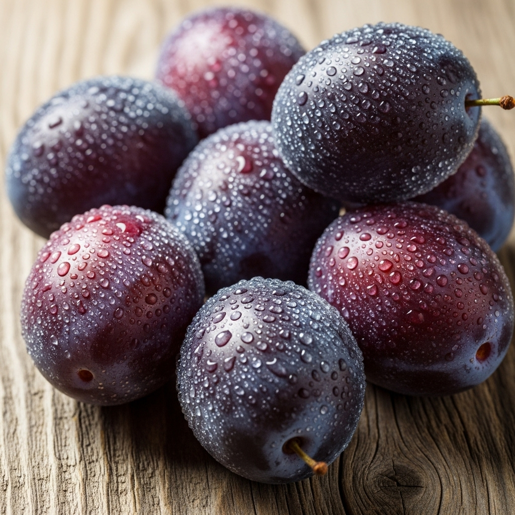 A close-up shot of fresh, ripe plums with water droplets on their skin, suggesting freshness and natural goodness. The plums are arranged on a rustic wooden board with soft, natural lighting. Lifestyle photography. No text.