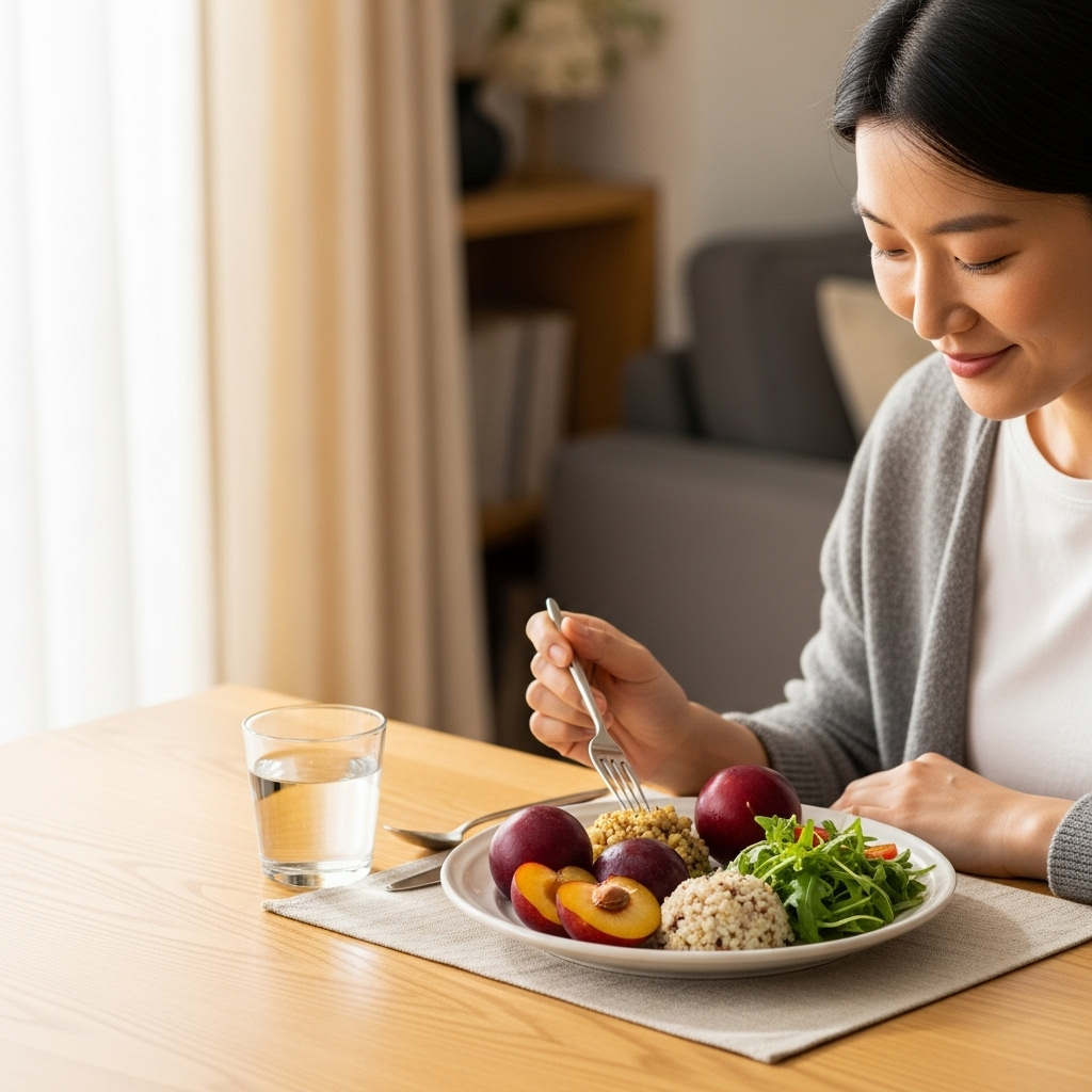A Korean person enjoying a small, balanced, and healthy meal, possibly including fruits like plums, in a bright and cozy home setting. They look content and mindful, emphasizing a healthy lifestyle and mindful eating. Lifestyle photography. No text.