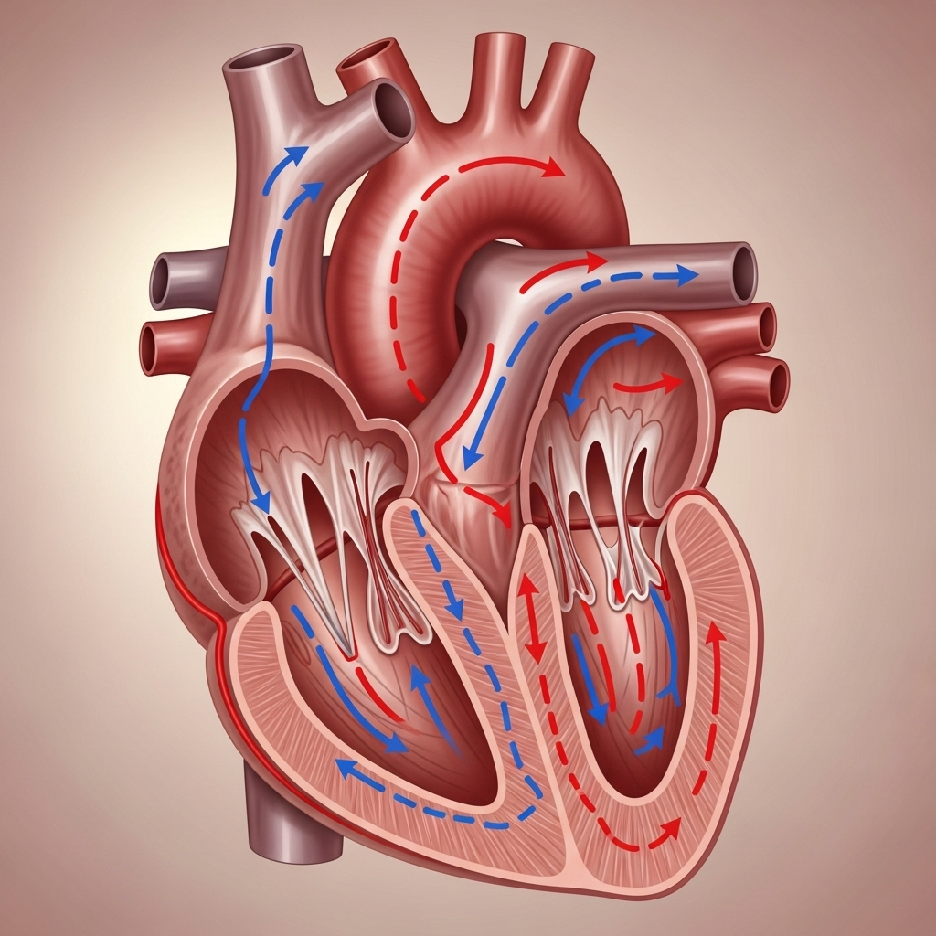 Cross-section medical illustration of human heart showing the four chambers and valves, with blood flow arrows indicating normal and regurgitant flow. Realistic anatomical details with soft lighting, clean medical style, no text.