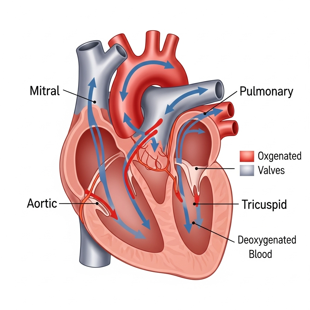 Detailed anatomical diagram of heart chambers labeled with the four valve locations (mitral, aortic, tricuspid, pulmonary). Show blood flow pathways with directional arrows. Clean medical infographic style, no text labels.