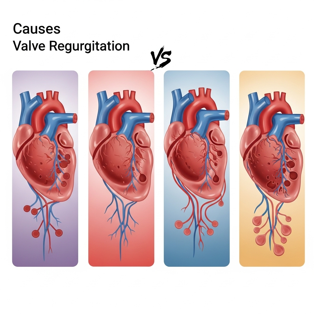 Illustrated comparison showing four different causes of valve regurgitation: rheumatic damage, degenerative changes, structural enlargement, and congenital abnormality. Use clean medical illustration style with subtle color coding, no text.