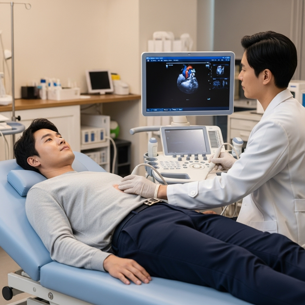 Korean patient undergoing echocardiography examination in a medical clinic. Cardiologist performing ultrasound on patient's chest with monitor showing heart imaging. Clinical setting with modern equipment, realistic medical scene, no text.