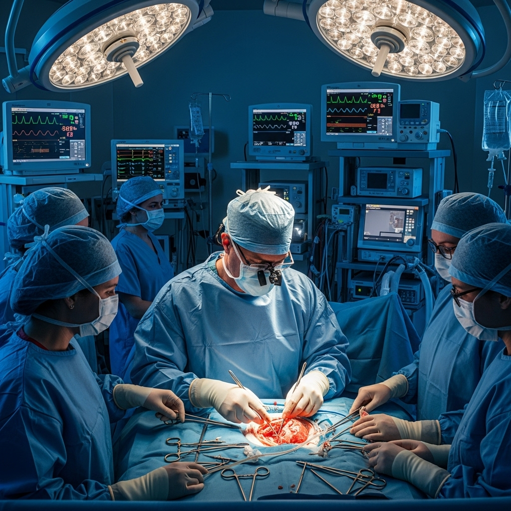 Surgical team performing cardiac valve surgery in operating room. Surgeon with instruments focused on exposed heart during open-heart procedure. Modern surgical suite with monitoring equipment, dramatic clinical lighting, no text.
