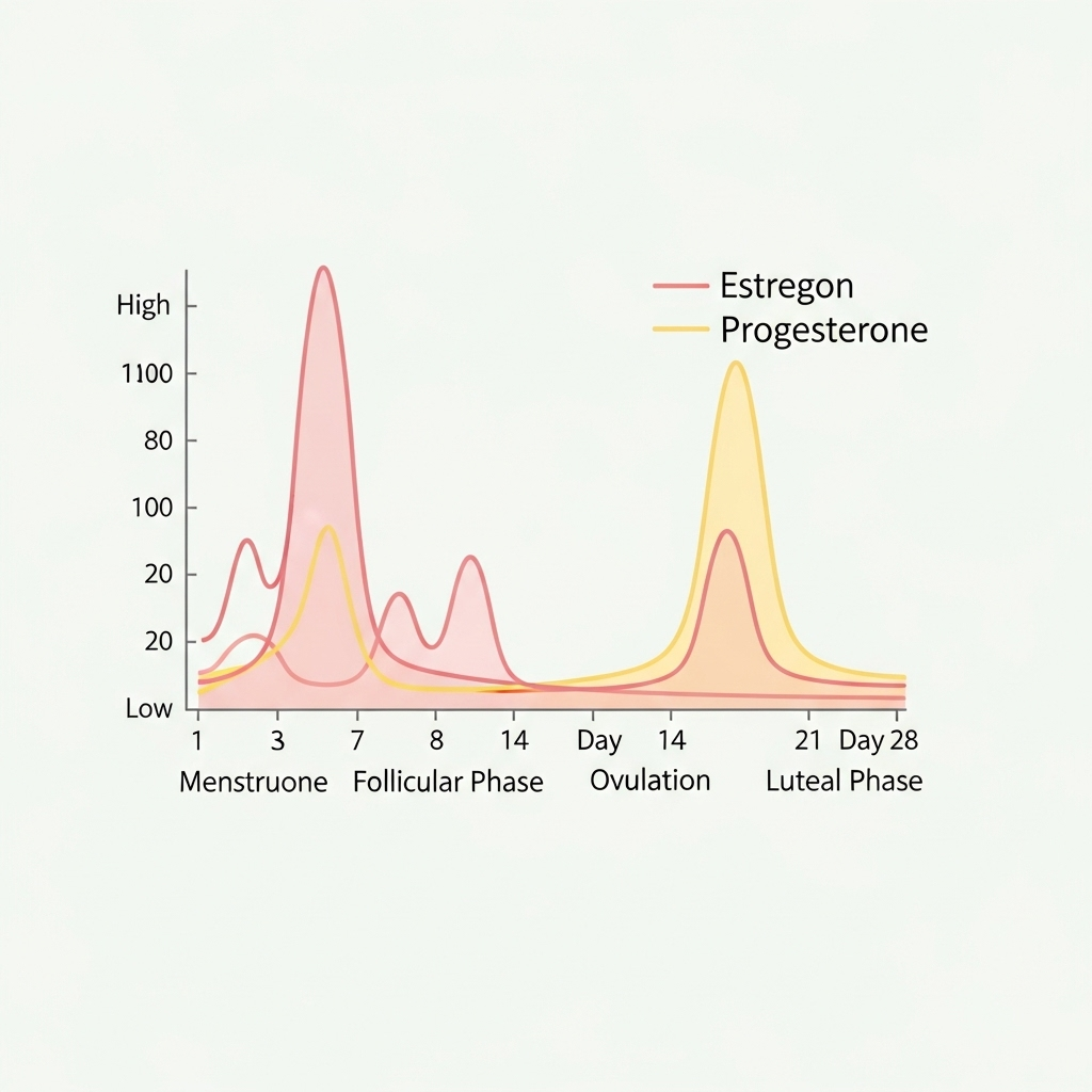 An infographic showing hormone level fluctuations throughout the menstrual cycle, with peaks and valleys clearly marked. Include visual representation of estrogen and progesterone levels. Style: clean medical infographic with soft colors, no text labels.