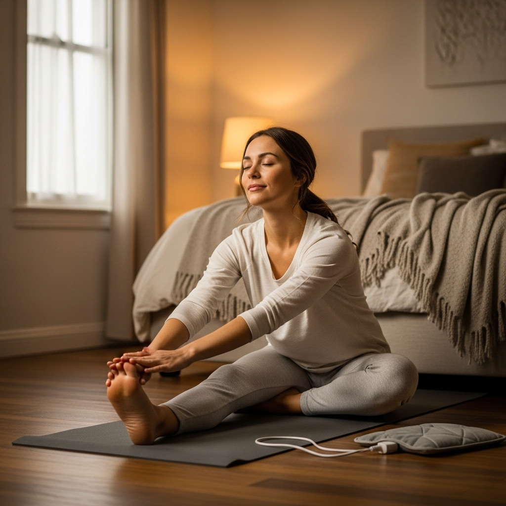 A woman in comfortable clothing doing gentle stretching exercises at home, with a heating pad nearby. She looks relaxed in a cozy bedroom setting with warm lighting. Style: lifestyle photography showing wellness and comfort, no text.