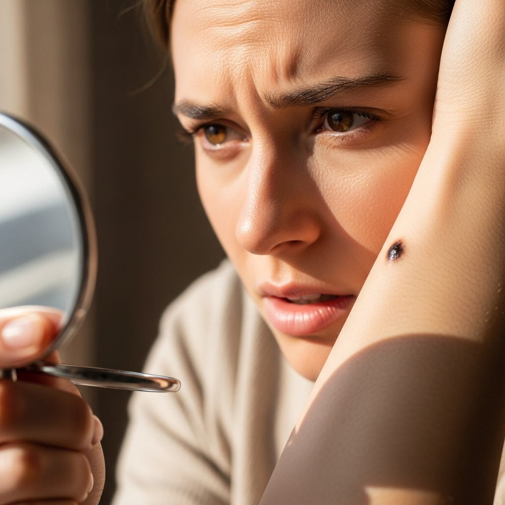 Close-up of a person examining a dark mole on their skin with concern, using a handheld mirror in natural daylight. Show realistic skin texture and details. Lifestyle photography style, no text.
