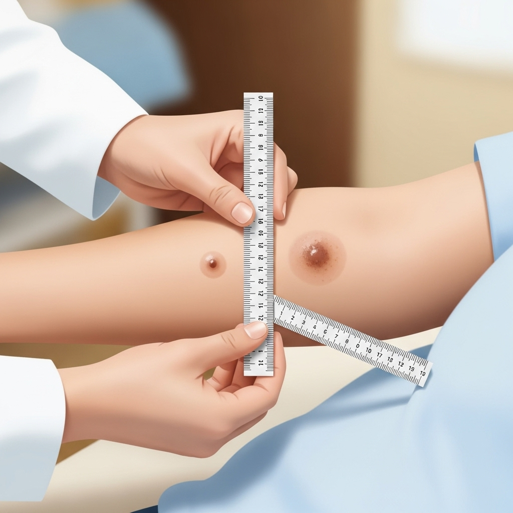 Medical professional measuring a skin lesion with a ruler, showing size comparison over time. Clinical but approachable setting with good lighting. Infographic style, no text.