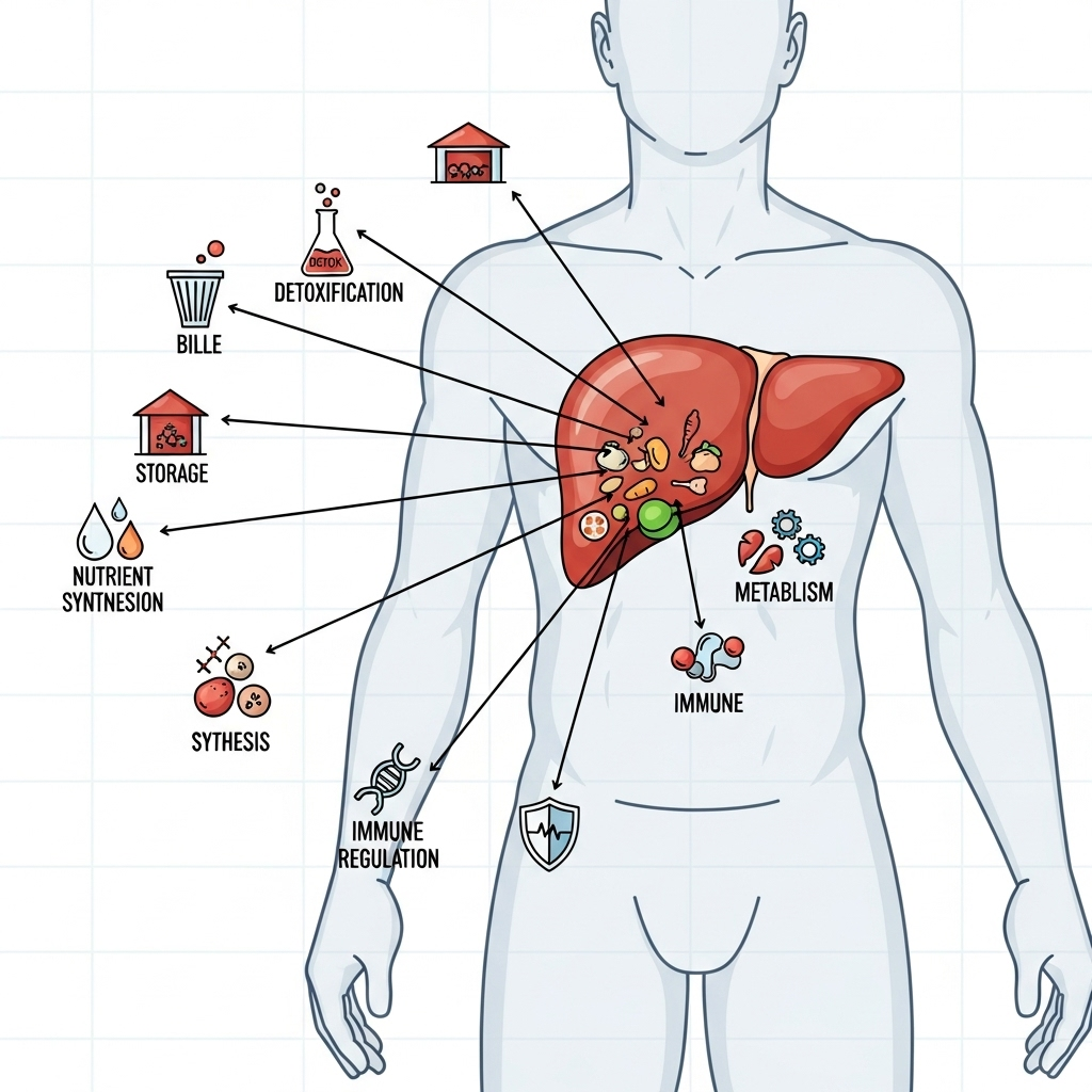 A clean infographic illustrating the various functions of the liver such as detoxification, nutrient storage, and metabolism. Show a healthy, vibrant liver within a human body outline. Style: clean infographic. No text.