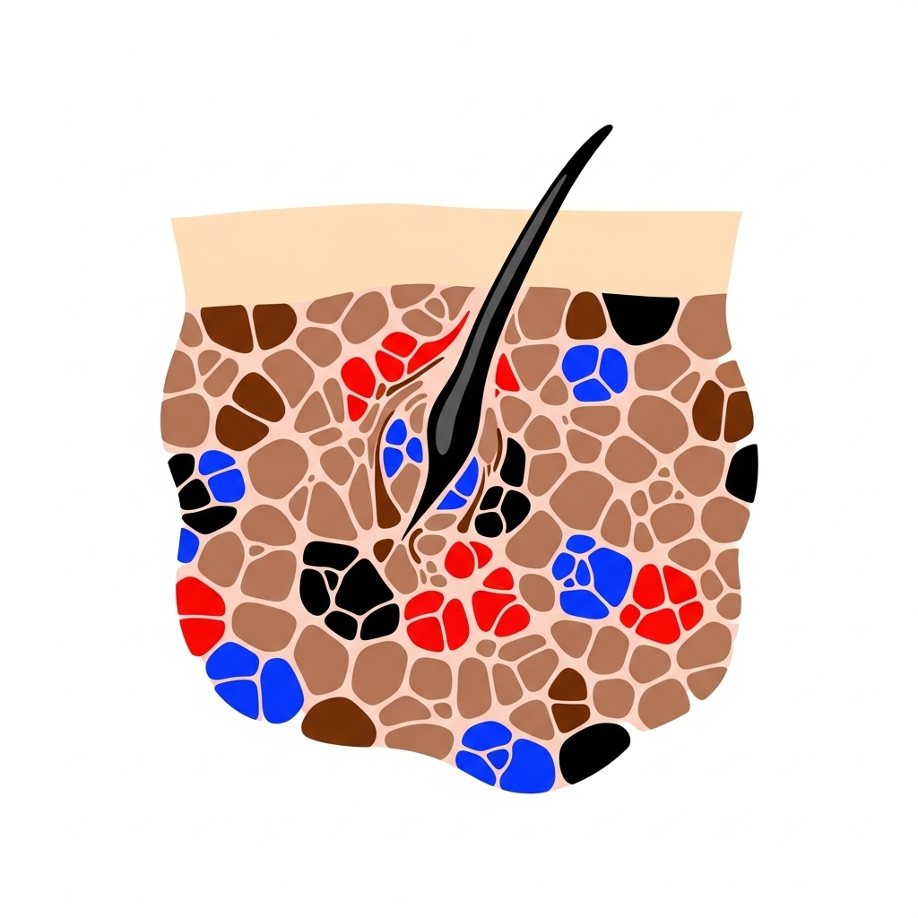 Medical illustration showing a skin lesion with multiple colors (brown, black, red, blue) mixed together. Clean medical diagram style with clear color differentiation, no text.