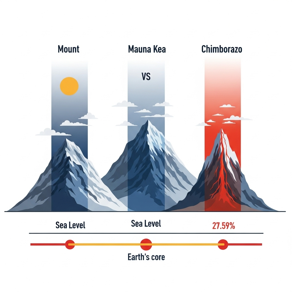 A visually striking infographic comparing Mount Everest, Mauna Kea, and Chimborazo, showing different height measurement methods (sea level, base to summit, distance from Earth's center). Clean infographic style, no text in image.