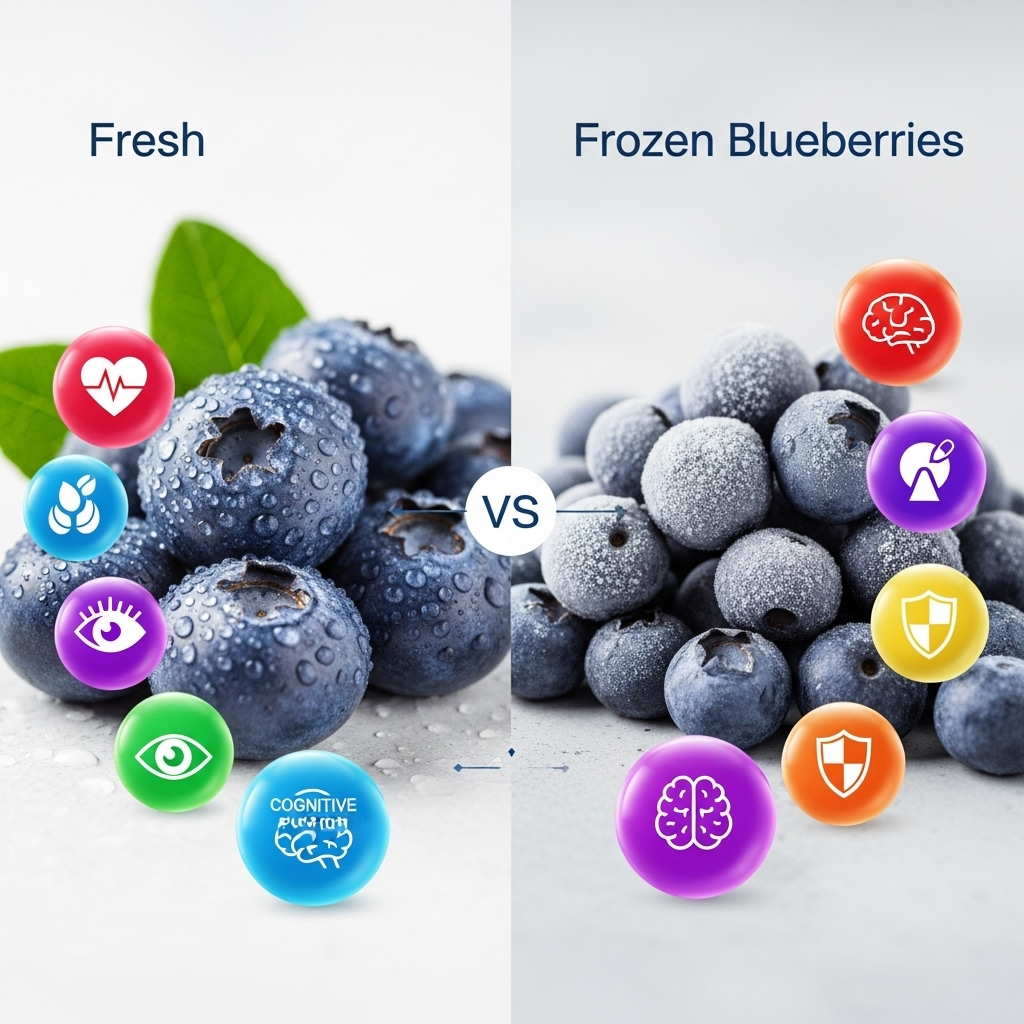 A clean infographic showing fresh blueberries and frozen blueberries side by side, highlighting their health benefits. The style should be modern and vibrant, with small text bubbles illustrating benefits like 'antioxidants' and 'eye health'. No actual text in image.