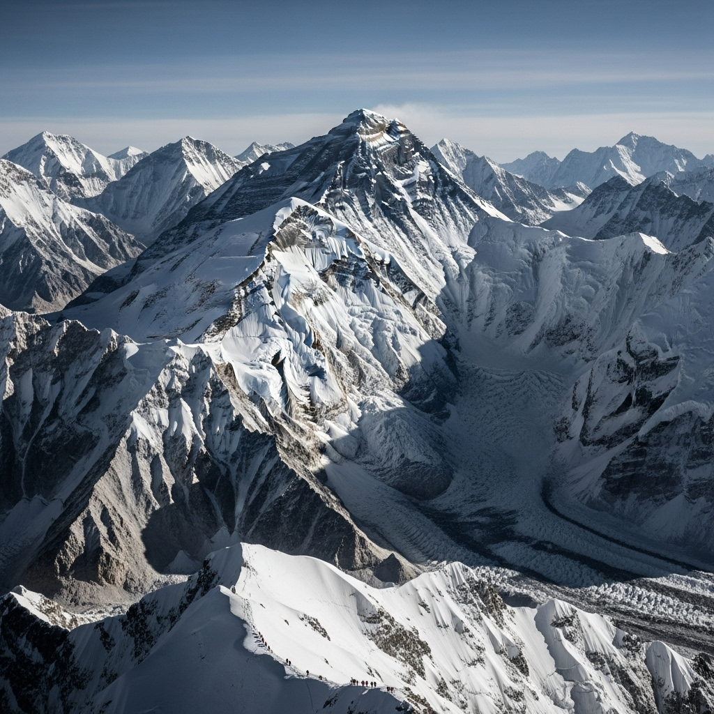 A breathtaking aerial view of Mount Everest and the surrounding Himalayan range, with a small group of climbers visible on a ridge. Emphasize the vastness and scale. Realistic nature photography, no text.