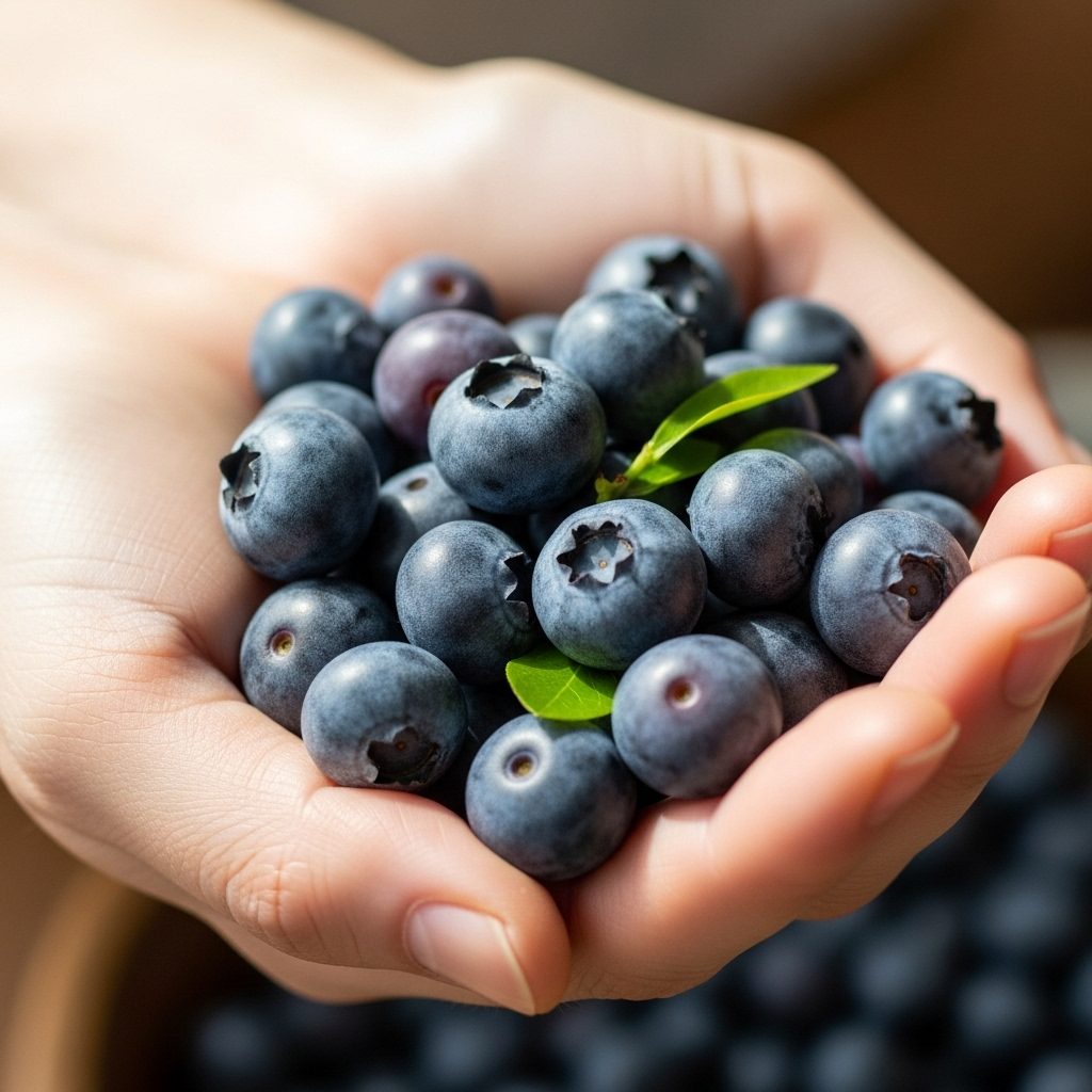 A close-up lifestyle photograph of a Korean hand gently holding a handful of fresh blueberries. The lighting is soft and natural, emphasizing the rich color and texture of the fruit. The background is slightly blurred to keep focus on the blueberries. No text.