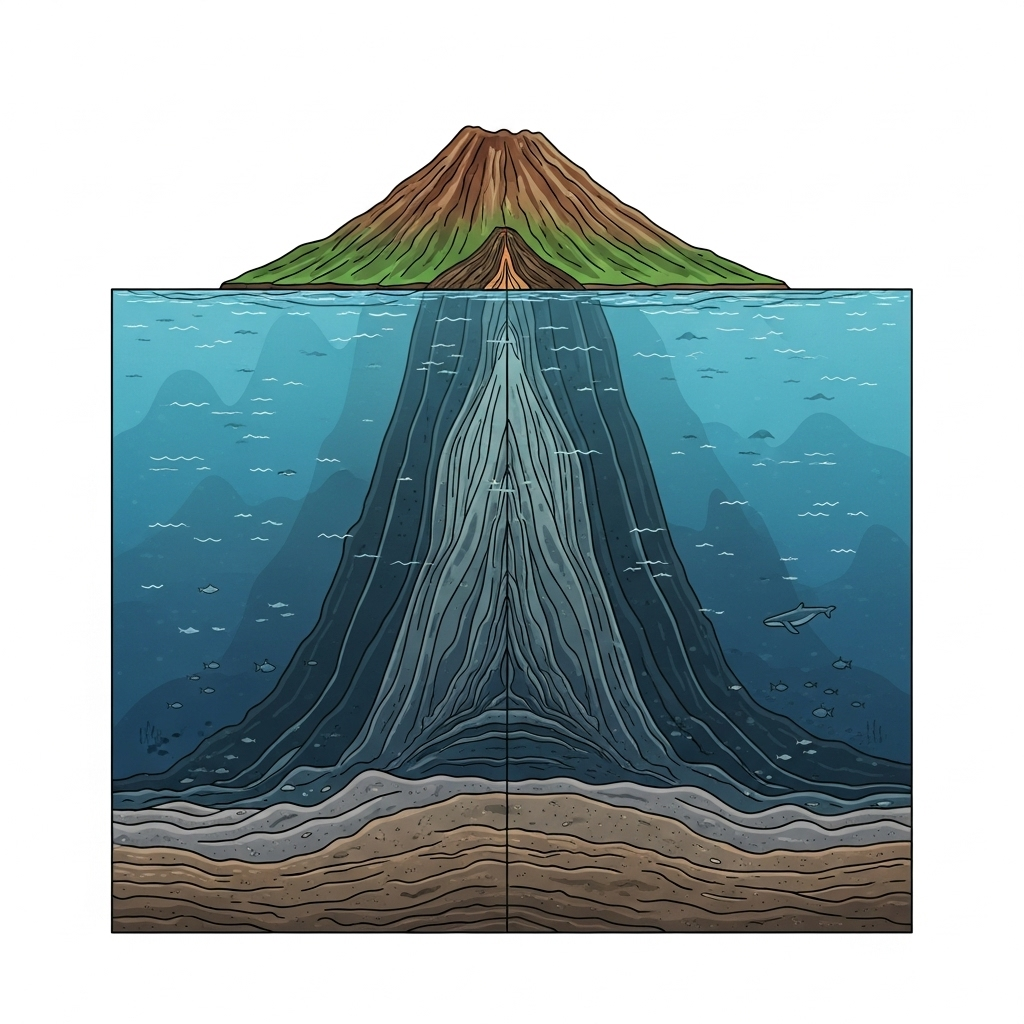 An illustrative cross-section diagram showing Mauna Kea extending from the ocean floor to its summit, highlighting the submerged portion. Clean infographic style with oceanic elements. No text.