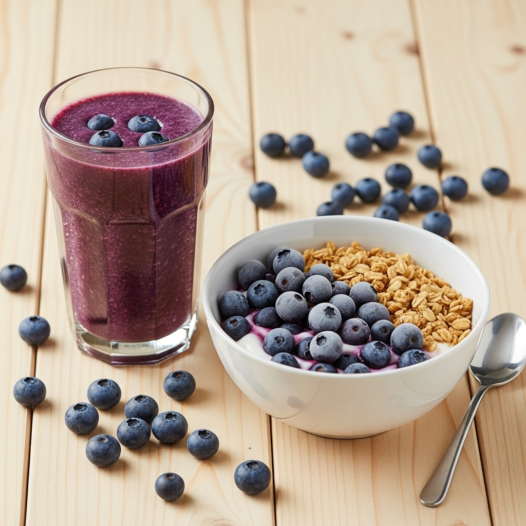 A vibrant lifestyle photography image featuring a refreshing blueberry smoothie in a glass and a healthy yogurt bowl topped with frozen blueberries. The scene is bright and appealing, set on a natural wooden table with some scattered fresh blueberries. No text.