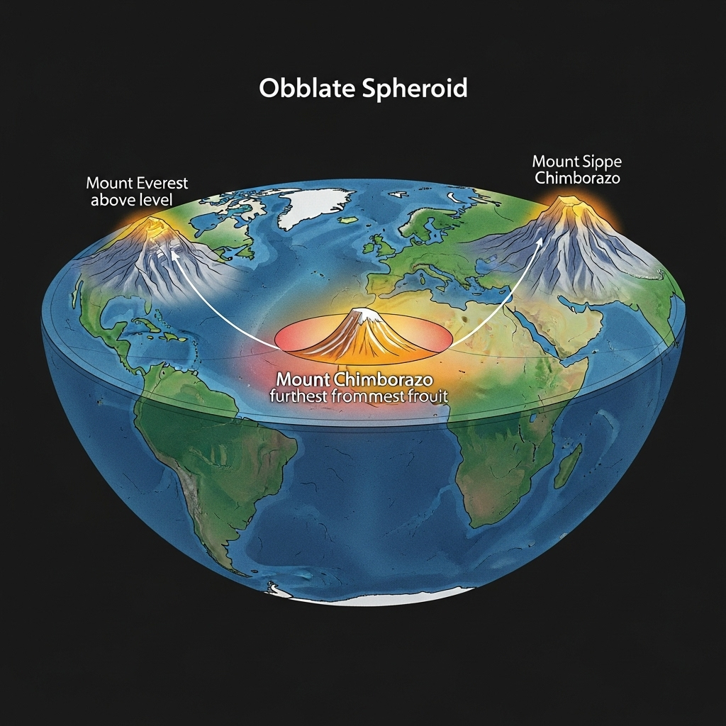 A stylized globe illustrating Earth's oblate spheroid shape, with Chimborazo highlighted at the equator showing its distance from the core compared to Everest. Artistic illustration. No text.
