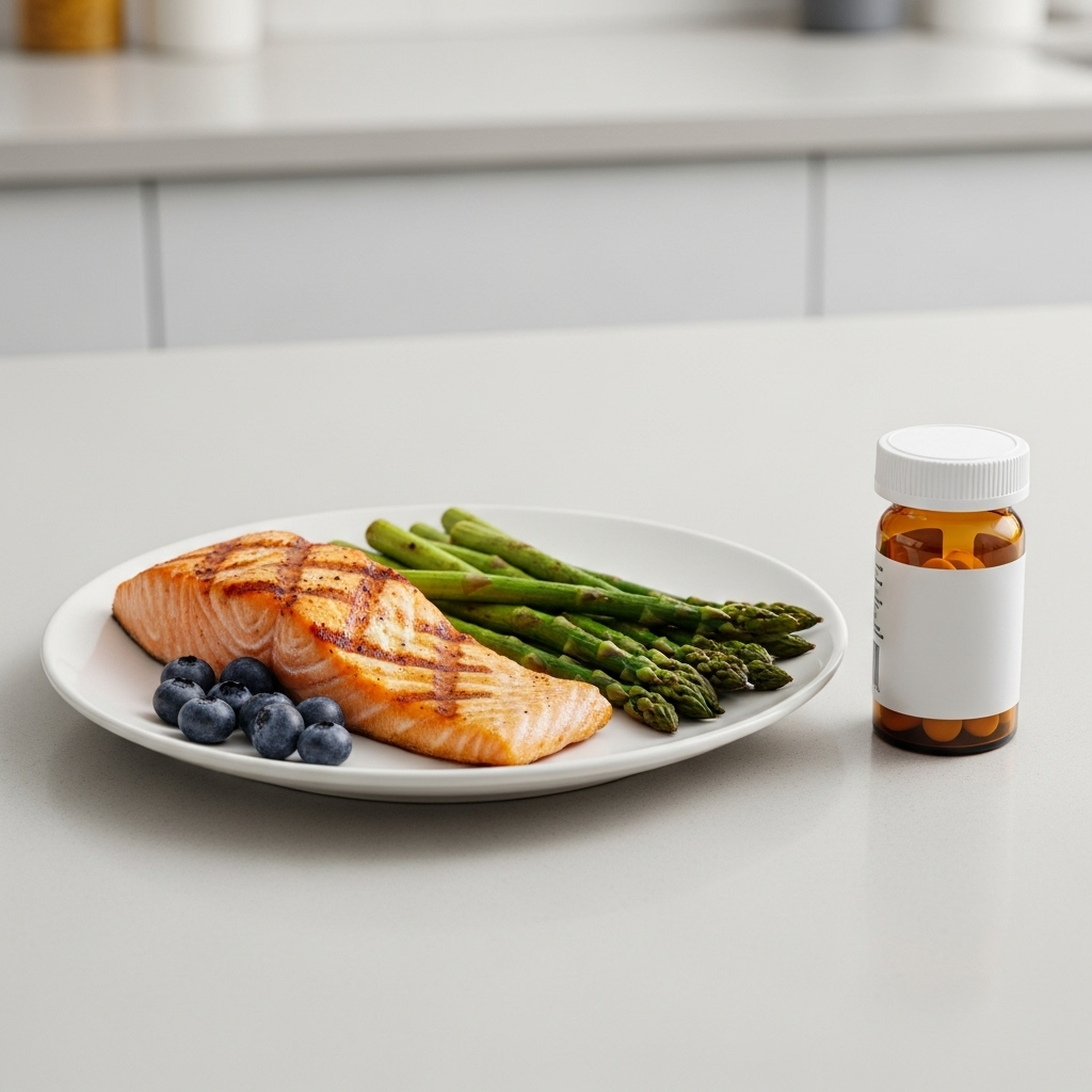 A clean, informative lifestyle image showing a balanced meal with blueberries on a plate, next to a small bottle of medication. The focus is on the interaction between food and medicine, depicted subtly and professionally. The background is a clean kitchen counter. No text.
