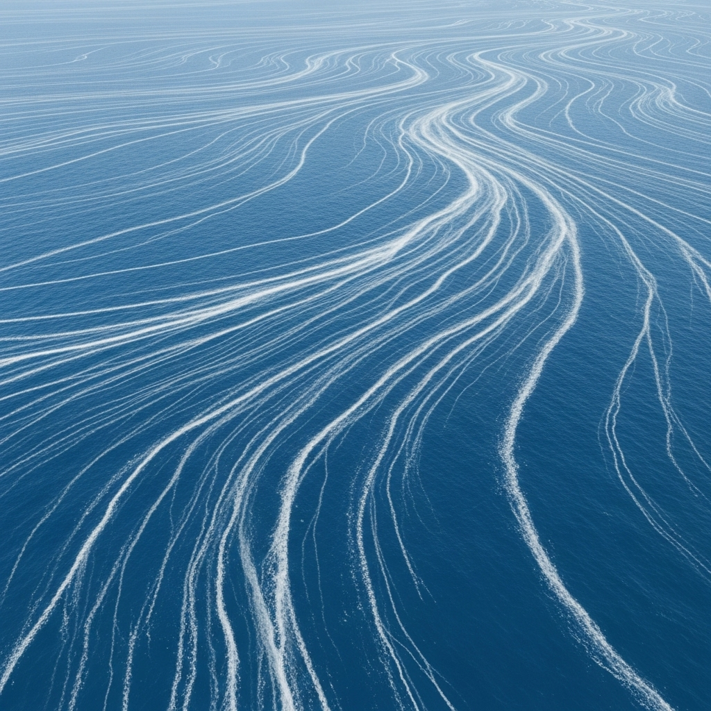 Trade winds pushing ocean water across vast distances, visible water streams flowing in specific directions, tropical ocean surface with wind patterns indicated by flowing lines, realistic maritime scene, clean infographic overlay, no text