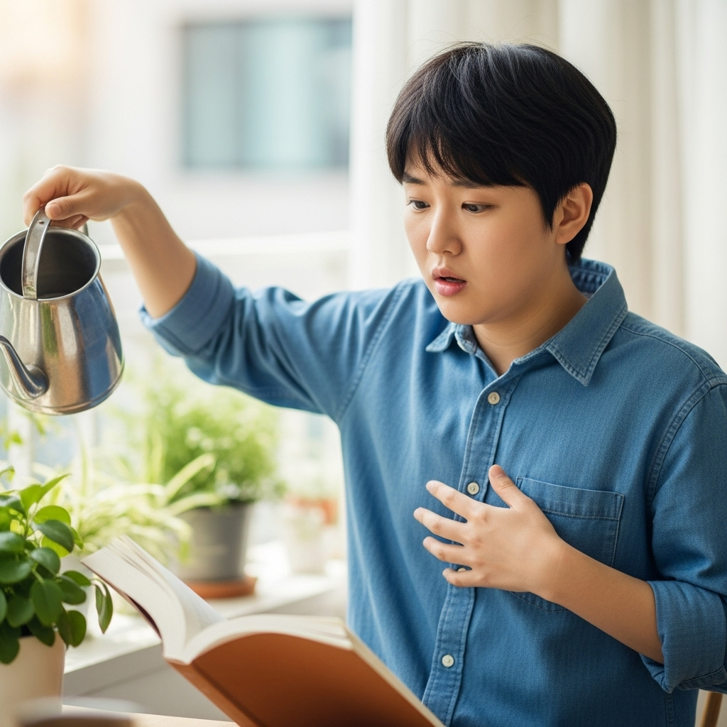 A Korean person (woman or man) suddenly experiencing hiccups while doing daily activities, looking slightly surprised and confused. Realistic lifestyle photography, natural lighting, soft background. No text.