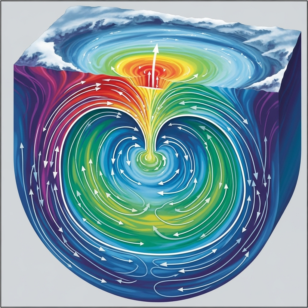 Warm tropical water rising and cold polar water sinking, creating circular ocean circulation patterns, temperature gradient visualization with warm reds and cool blues, three-dimensional ocean cross-section, scientific illustration style, no text