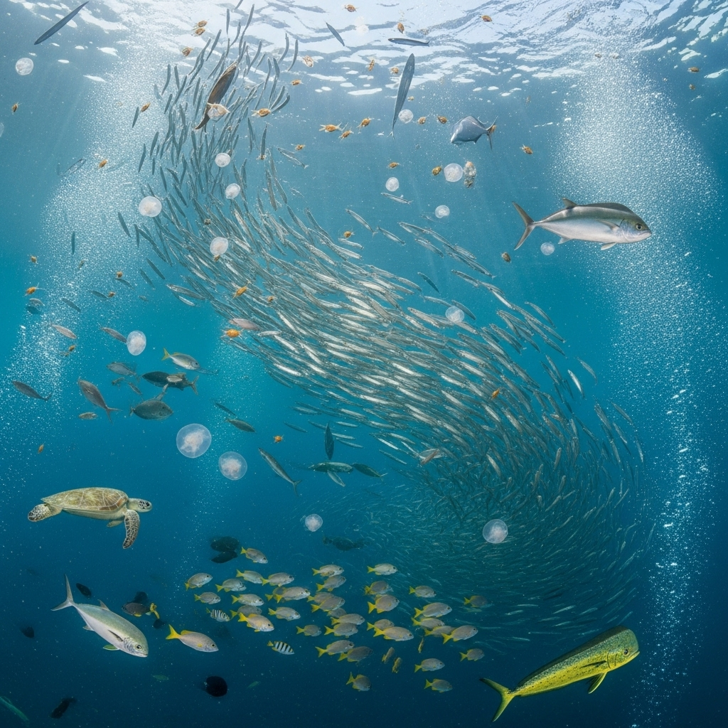 Marine organisms following ocean currents, plankton drifting in flowing water, fish schools moving with current streams, diverse sea life in their natural habitat, underwater photography style with natural lighting and movement, no text
