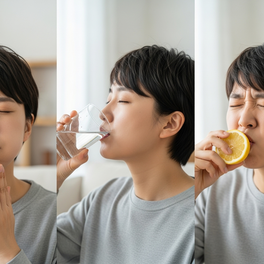 A Korean person trying various methods to stop hiccups, such as holding breath, slowly sipping water, and taking a bite of lemon. Show different small actions in one composite lifestyle photo, natural light. No text.