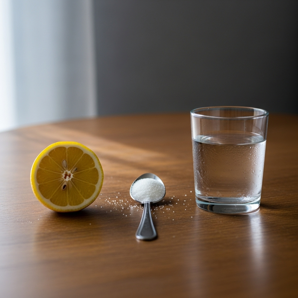 Still life photography showing objects commonly used to stop hiccups: a slice of lemon, a spoon with sugar, and a glass of water, arranged neatly on a wooden table. Soft natural light, simple background. No text.