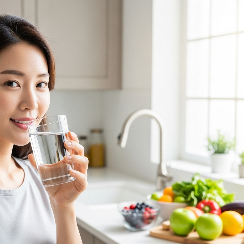 A Korean woman holding a glass of water in bright natural lighting, appearing refreshed and healthy. Clean, modern kitchen background with fresh fruits and vegetables. Lifestyle photography style, emphasizing hydration and wellness. No text.