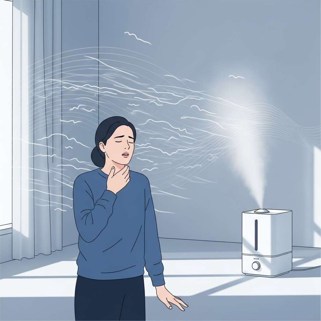 A minimalist room with visible dry air, showing a person touching their throat uncomfortably. Include a humidifier in the background emitting gentle mist. Winter or air-conditioned environment aesthetic. Clean infographic style with natural lighting. No text.