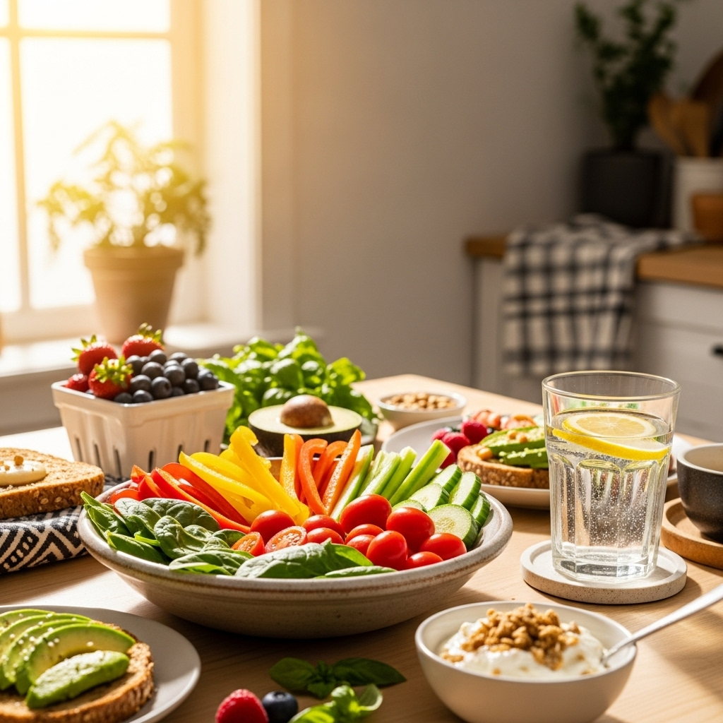 A vibrant morning breakfast scene featuring fresh vegetables and healthy foods on a clean table, with natural sunlight streaming through a window. Include colorful fresh produce, a glass of water, and a relaxed home kitchen atmosphere. Style: lifestyle photography with warm, natural lighting. No text.