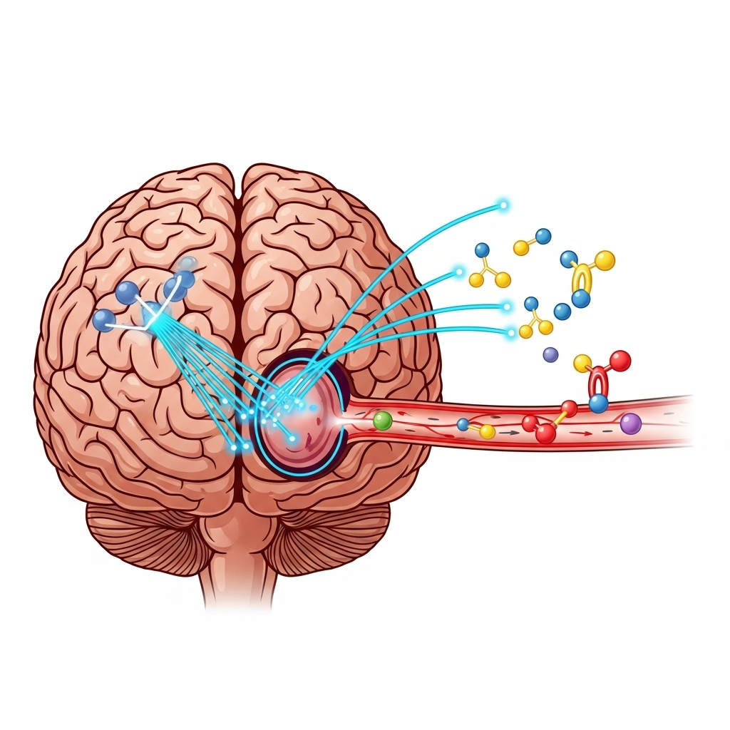 A stylized illustration of the human brain and hypothalamus, showing neural signals and hormones related to thirst. Scientific, educational infographic style with clear, colorful elements. Biological accuracy emphasized. No text.