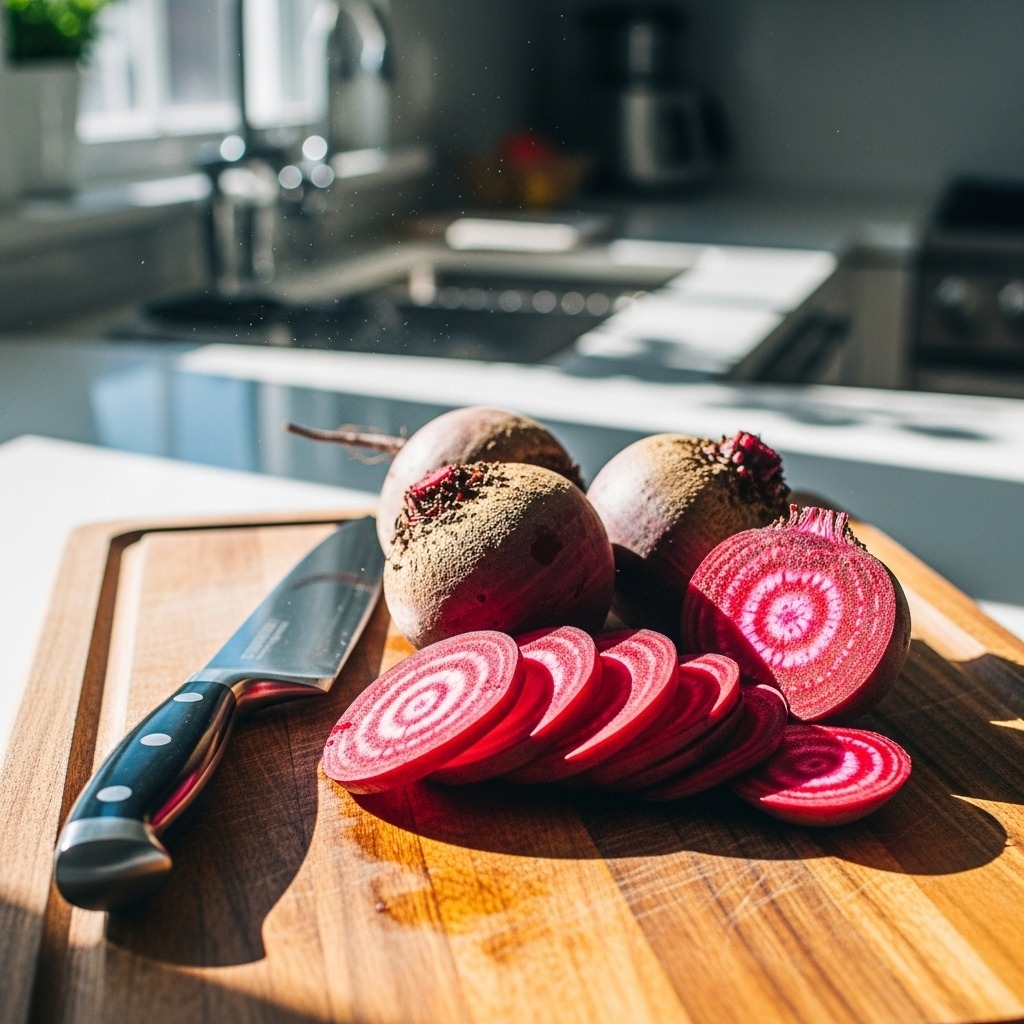 Fresh red beets arranged on a wooden cutting board in a bright kitchen, some sliced to show the vibrant red interior, with a sharp knife nearby. Natural daylight illuminates the scene. Style: clean lifestyle photography with rich colors. No text.