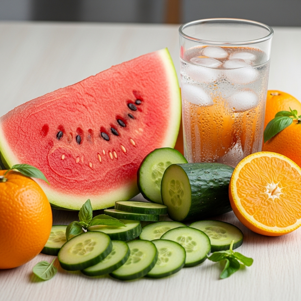 A colorful arrangement of hydrating foods including watermelon, cucumber, oranges, and a glass of water on a clean wooden table. Fresh, vibrant lifestyle photography with natural daylight. Korean-style healthy eating aesthetic. No text.
